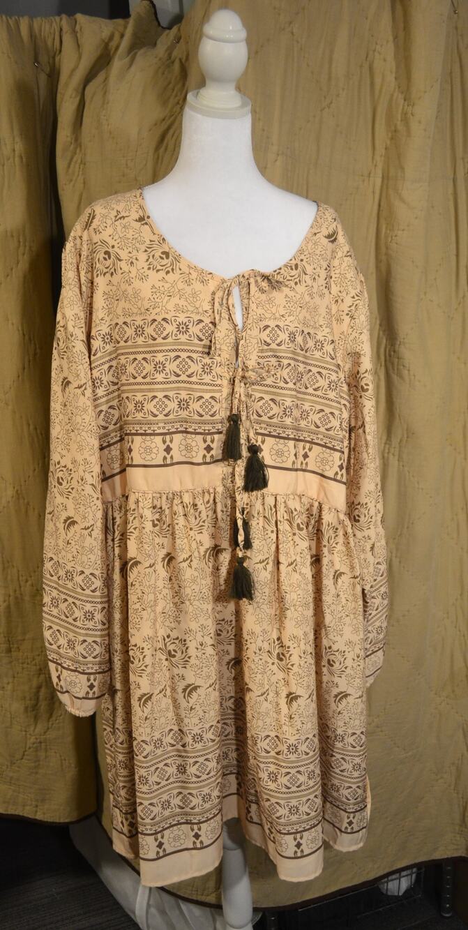 Gypsie Blu Women’s 3X Boho Floral Border Print Tassel Tie Long Sleeve Dress